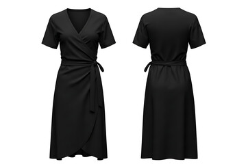 Black wrap dress displayed on white background, showcasing its elegant design and versatile style for various occasions.
