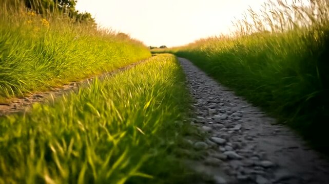 Serene gravel path winding through lush green grass fields under a golden sunset sky