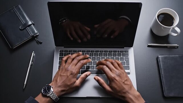 Overhead view shows hands typing on a laptop, accessories like a mug & journal are arranged
