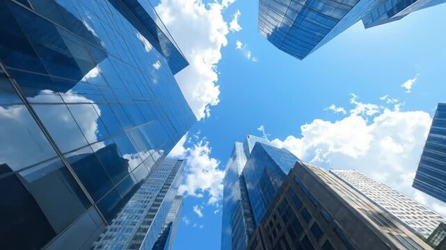 Looking up at modern glass skyscrapers against a bright blue sky with clouds.