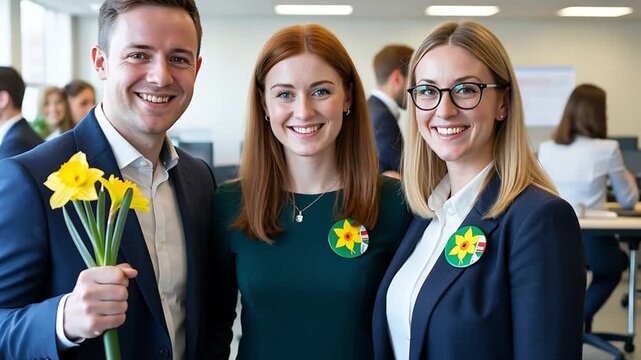 Man with daffodils, two women with daffodil pins smiling in an office. St davids day celebration and holiday.