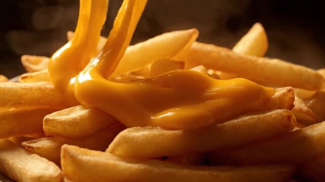 Close-up of French fries being smothered in cheese sauce.