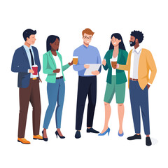 Fototapeta premium Different business team members standing, talking, communicating, taking part in business activities, meeting, brainstorming, coffee break. Multiracial people vector illustrations isolated. 