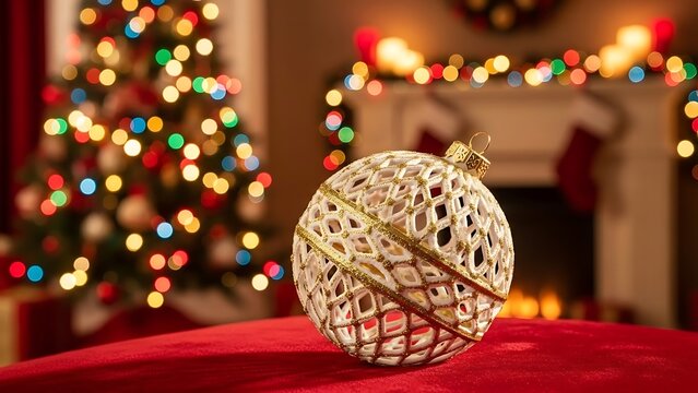 Exquisite white and gold holiday ornament rests upon vibrant red velvet fabric with a soft bokeh background showcasing a beautifully decorated Christmas tree and warm fireplace scene creating a festiv