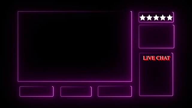 Neon glowing animated intermission stream overlay with hud facecam border, chat frame design for live broadcast visuals. Violet color frame on black background .4k motion graphics video