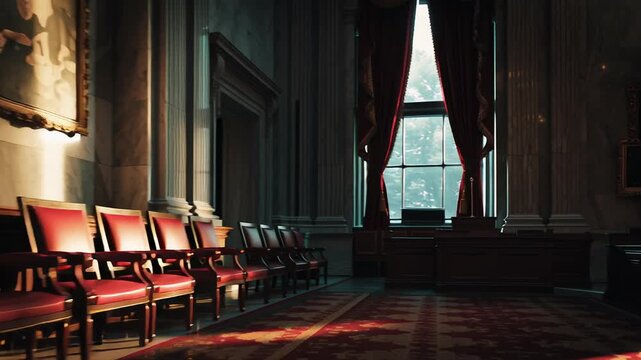 A large room with red curtains and a chandelier. Empty senate chamber before a session, quiet stillness, dramatic side lighting, sense of anticipation, cinematic editorial style