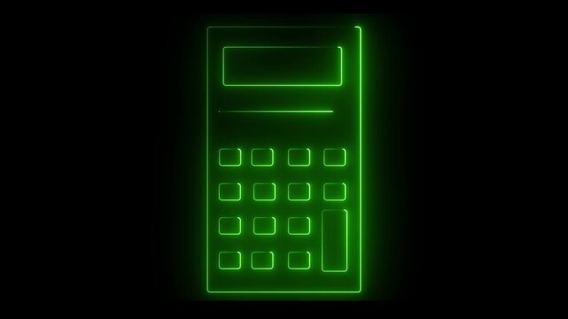 Glowing neon green color calculator icon animation business finance mathematic education accounting sign symbol on black background. 4k animation video.