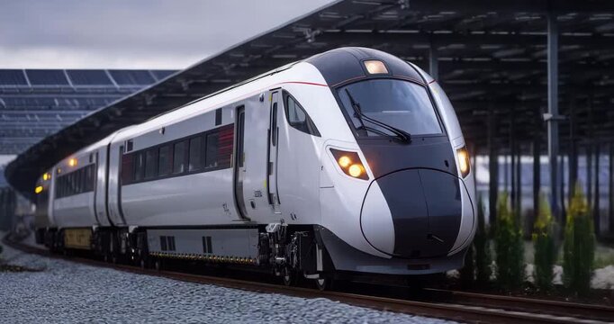 Modern electric train traveling on railway tracks near solar panels