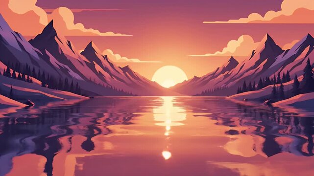 Vibrant sunset over mountain lake with pine forests and reflections