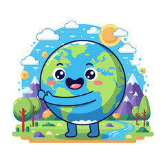 Obraz premium Cute cartoon animals in a colorful nature world with a smiling frog, fish, birds, and butterflies under a sunny sky