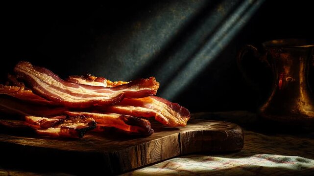 A pile of bacon on a wooden cutting board. The bacon is cut into thin strips. Dark moody still life of bacon on a cutting board with dramatic side lighting, serious tone, investigative health article 