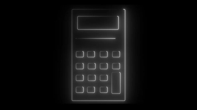 Glowing neon white color calculator icon animation business finance mathematic education accounting sign symbol on black background. 4k animation video.