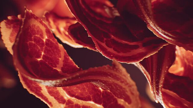 A close up of bacon strips flying through the air. Concept of motion and excitement. Bacon slices fading into abstract red and dark shapes, representing health risk over time, artistic conceptual