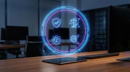 compliance regulation cybersecurity data protection risk management governance business intelligence icons displayed on a tablet in a modern office for corporate IT legal audit.