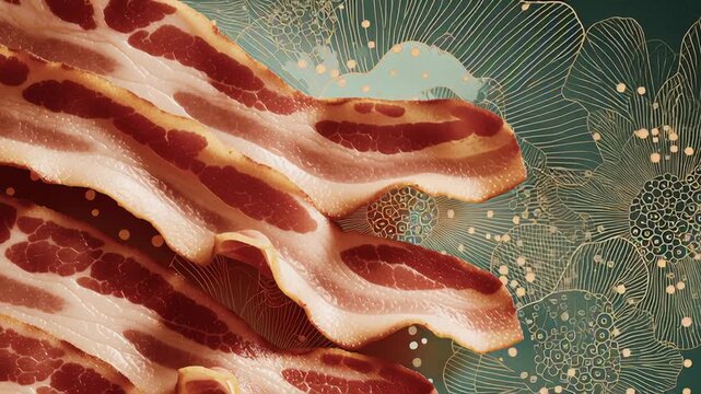 Close-up of bacon with an abstract overlay of cellular patterns, symbolic connection between processed food and disease, muted tones, conceptual illustration style