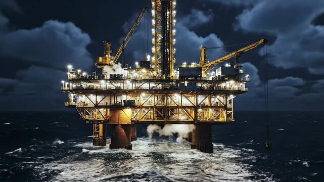 A massive offshore drilling platform operates under intense yellow light, extracting crude oil from the dark sea.