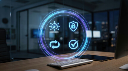 cybersecurity automation data protection technology business digital security network interface icons glowing on an office desk background for corporate safety and process management.