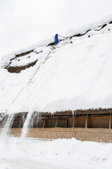 合掌造り住宅の屋根の雪降ろし