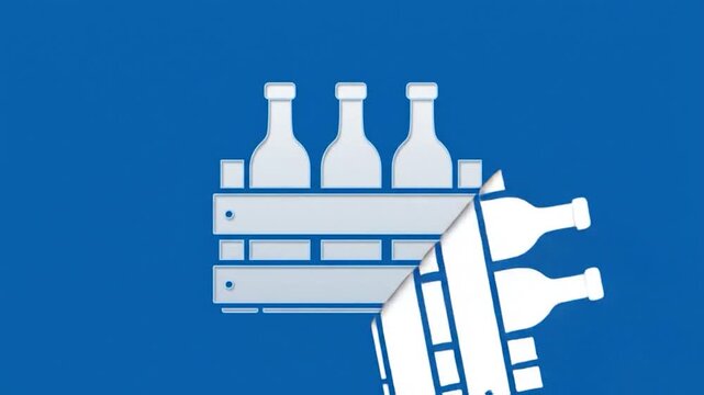 Outline of three bottles in a wooden crate against a blue background, minimalist design