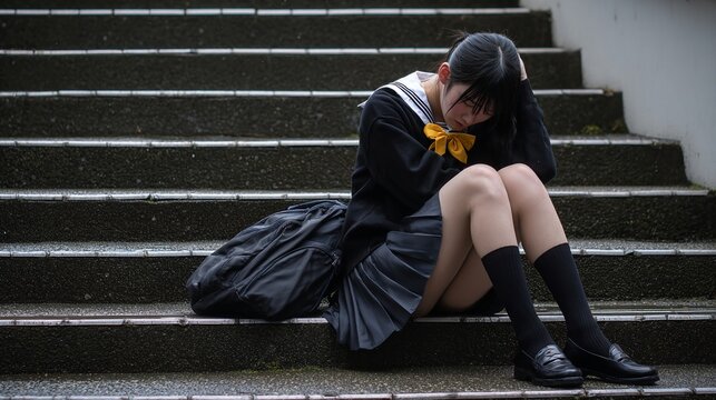 階段に座り込み、深く落ち込む制服姿の日本人女子学生