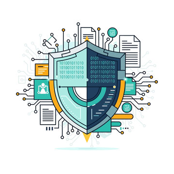 A shield protects sensitive data and documents in a futuristic circuit board network.