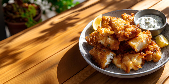 Creative food template. Plate of fried golden brown crispy white fish nuggets serve with lemon, tartar sauce, on long wooden table outdoor garden with daylight shining. copy text space