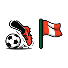 Football training icons, corner flag, boots and ball, practice drill event poster, youth tournament session graphics, coaching clinic branding © RA Studio