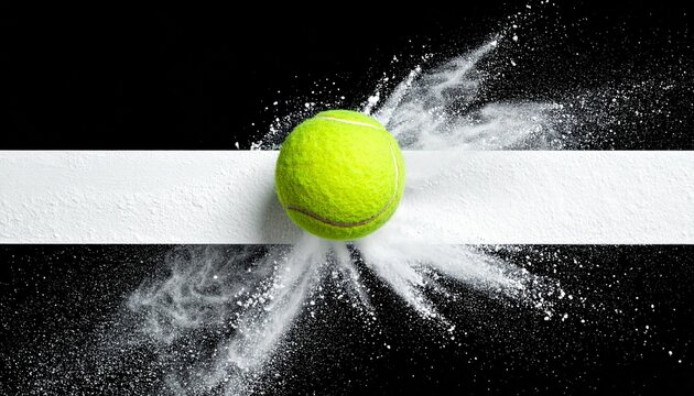 A close up of a tennis ball exploding with white powder on a black and white background, capturing the motion and impact of the game