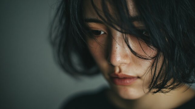 微かな光の中で俯き考え込む日本人女性の苦悩