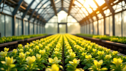 Greenhouse Yellow flower Plant nursery Rows of plants Sunlight Glass structure Agriculture Horticulture Growth Farming Botany Nature Environment Spring Cultivation Garden Leaf Organic Fresh Bright