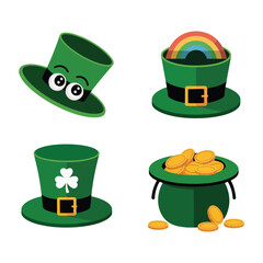 Funny leprechaun hats with glasses, rainbow hat and pot of gold, Saint Patricks Day clipart for banners and flyers