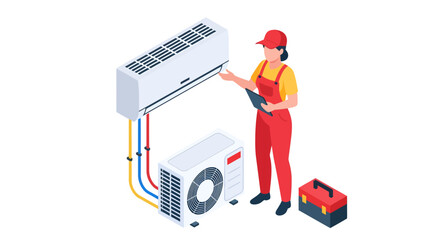 An isometric vector illustration depicts a female technician in red overalls inspecting a split air conditioning system using a tablet, with colorful pipes connecting the indoor and outdoor units