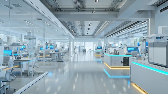 Bioprinting research lab concept, advanced laboratory interior, clean and modern scientific environment, bioprinting equipment and workstations, soft clinical lighting, commercial editorial 