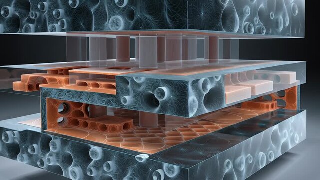 Bioprinting scaffold structure concept, cross-sectional view of layered biomaterials, precise fabrication detail, modern biomedical visualization