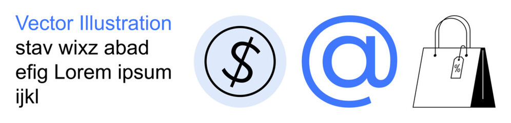 E-commerce, online transactions, digital marketing, internet shopping, branding, communication. Circular dollar sign, at symbol shopping bag. E-commerce and online transactions concept