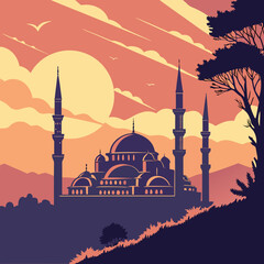 Mosque silhouette at sunset with minarets and domes © mukul