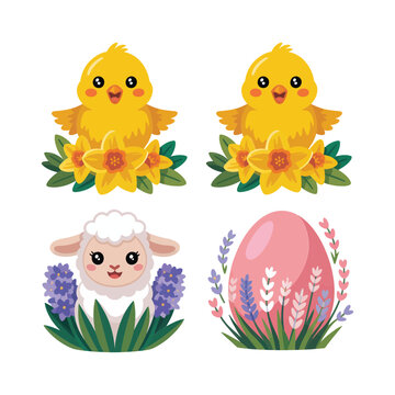 Spring chicks with daffodils and lamb beside decorated egg, easter garden vector for greeting card, nursery poster, seasonal celebration design