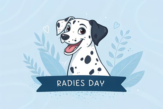 Adorable cartoon illustration of a happy spotted dalmatian dog celebrating radies day with a cheerful expression and surrounding gentle blue botanical elements