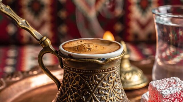 Traditional Turkish Coffee in Ornate Cup.