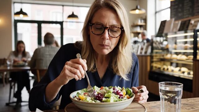 Woman eating a salad at a cafe; other diners and servers blurred in the background