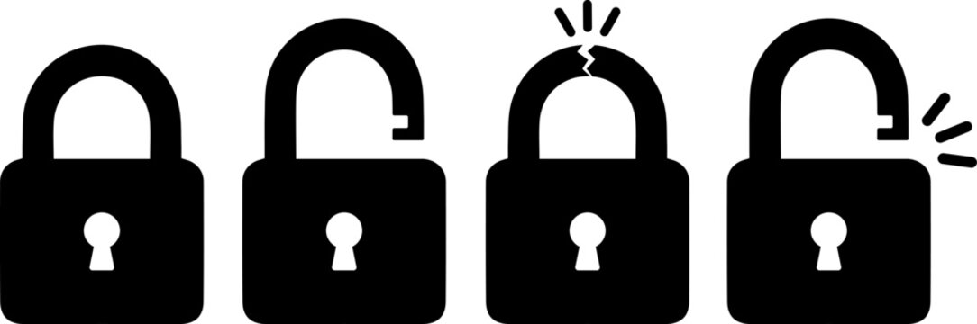 Four black padlocks with one broken and cracking open