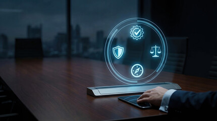 Compliance Governance Ethics Business Law Security Regulation digital interface in a dark executive boardroom representing corporate risk management and global legal standards.
