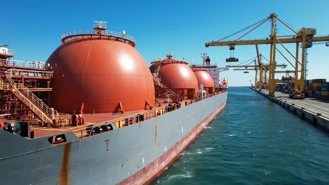 Massive LNG carrier docked at a busy commercial port, showing the rusty hull and mooring lines, perfect for illustrating global energy supply and maritime logistics.