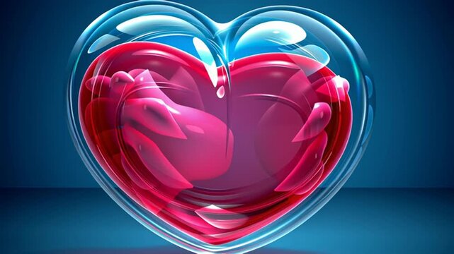 Glossy transparent heart encasing a vibrant pink liquid heart, symbolizing love, care, and protection