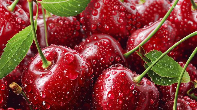 A bunch of red cherries with water droplets on them. The cherries are fresh and juicy. Close-up cherries with water droplets, refreshing summer mood, vivid colors, high realism, commercial food 