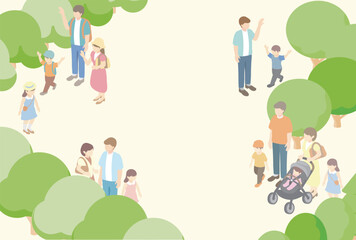 Spring and Summer Park Landscape. Isometric Scenery of People Relaxing in the City