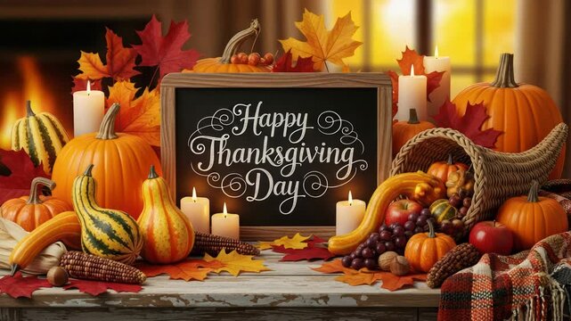 Happy Thanksgiving Day Cornucopia Pumpkins Autumn Leaves Candles Fireplace
