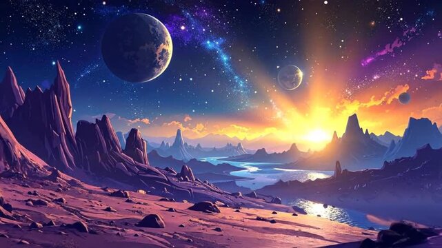 Vibrant cosmic landscape with y mountains, flowing river, and planets in the starry sky.