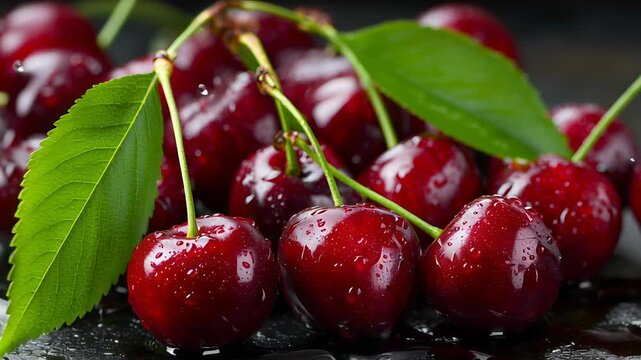 A bunch of red cherries with green leaves on top. The cherries are shiny and wet. Fresh cherries with green leaves, natural organic look, balanced composition, clean commercial visual for articles