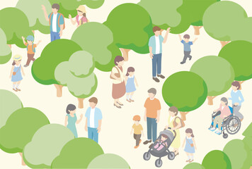 Spring and Summer Park Landscape. Isometric Scenery of People Relaxing in the City